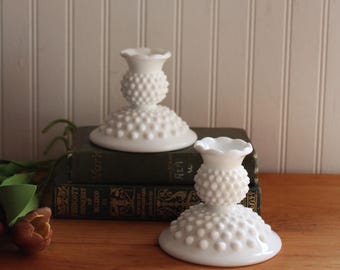 Vintage White Hobnail Milk Glass Taper Candlesticks, Pair of Two Candle Holders.