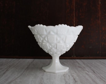 SALE--- Vintage Old Quilt Milk Glass Pedestal Fruit Bowl, Candy or Serving Dish, Compote.
