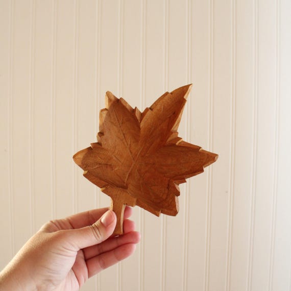 Vintage Hand Carved Wooden Maple Leaf Ring Dish, Wood Trinket Dish.