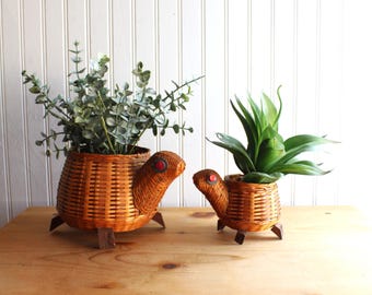 Pick 1 or 2- Vintage Wicker Turtle Plant Pots, Woven Novelty Cachepot, 60s-70s.