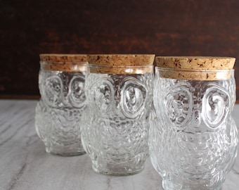 Vintage Clear Glass Owl Cork Top Cups, Jars, Canister.