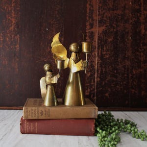 Vintage Pair of Brass Angel Candlesticks, Christmas Decor.