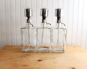Vintage Set of 3 Barware Liquor Bottles with Pump Tops, Scotch, Bourbon, Vodka.