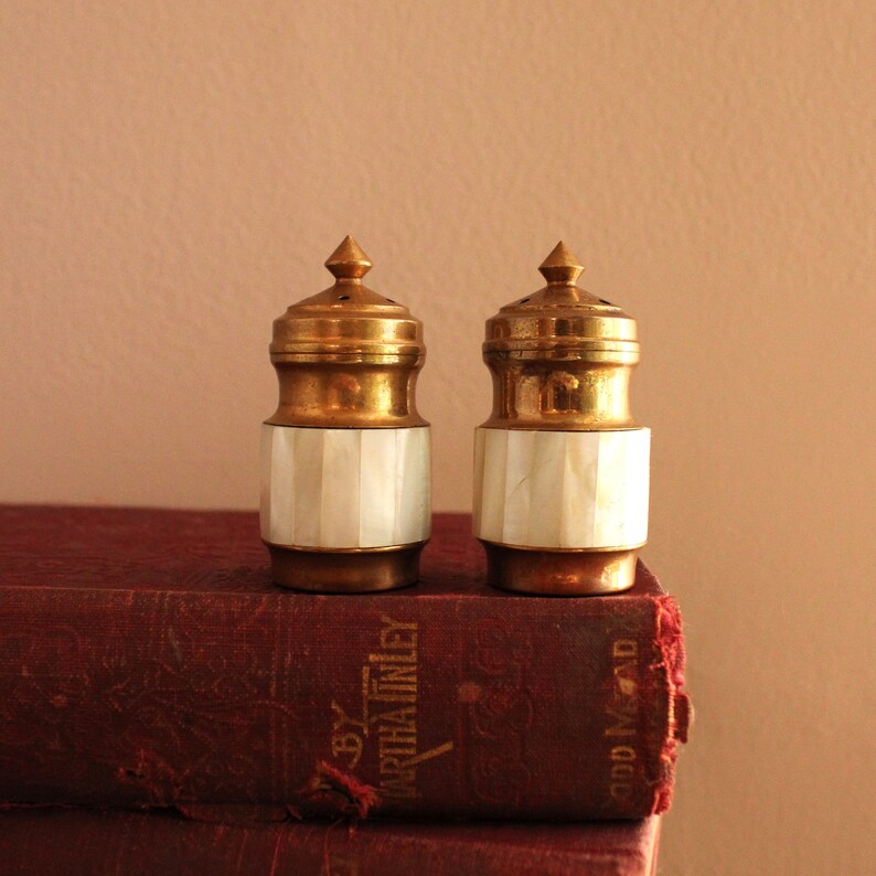 Vintage Brass & Mother of Pearl Salt and Pepper Shakers - Etsy