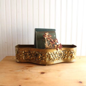 Vintage Rose Embossed Brass Planter, Rectangular Jardiniere.
