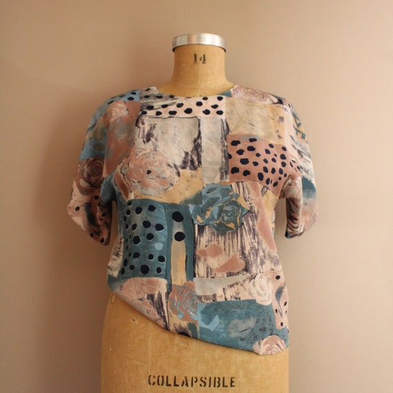 Vintage 90s Abstract Blouse, Art to Wear, Patchwo… - image 4