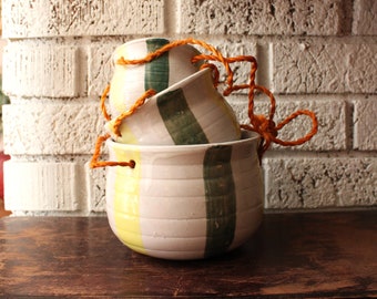 Vintage Ceramic Hanging Pot Set of 3, Green & Yellow Stripe, Orange Rope, 70s, Indoor Plants.