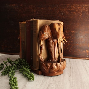 Vintage Pair of Wood Carved Elephant Bookends, Collapsible.