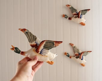 Pick 1, 2, or 3, Vintage Ceramic Wild Duck Wall Pocket Vase, Propagator, Mallard, Bird in Flight.