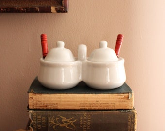 Vintage Double Condiment Dish with Lid & Spoons, Adorable White Serving Dish.