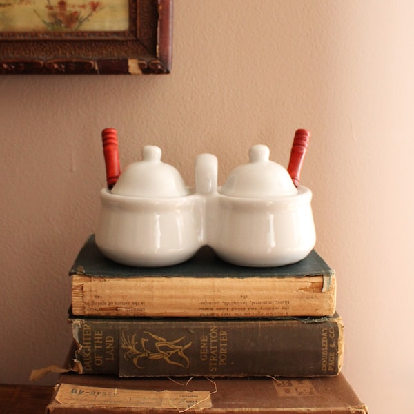 Vintage Double Condiment Dish with Lid & Spoons, Adorable White Serving Dish.