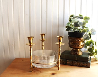 Vintage Brass Trio Candlestick Holder, Candelabra with Ribbed Glass Bowl.