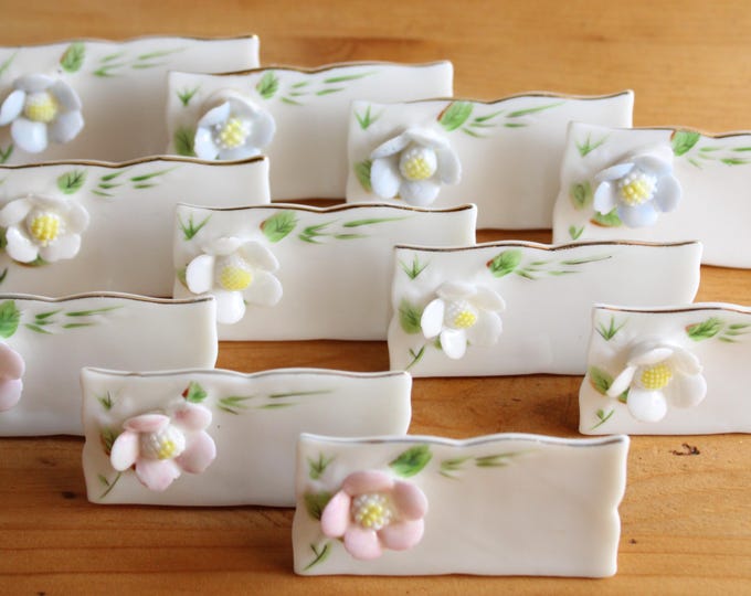 Vintage Bone China Place Card Holder with Pastel Flowers, 1950s, White Porcelain, Set of 11.