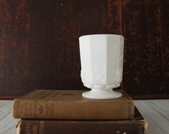 Vintage Paneled Grape Milk Glass Pedestal Vase, Small Glass Grapevine.