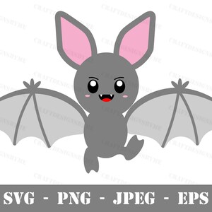 May include: A cartoon bat with large, pink ears and a grey body. The bat has a wide, toothy grin and large, black eyes. The bat has grey wings with a pointed tip.
