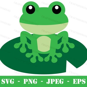 May include: A cartoon illustration of a green frog with large black eyes, sitting on a dark green lily pad. The frog has a light green belly and is centered in the image. The bottom of the image has the text "SVG - PNG - JPEG - EPS" in white.
