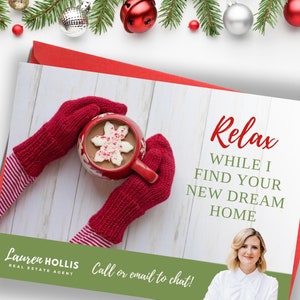Heiße Schokolade Rezept Mailer, Heißer Kakao Rezept Postkarte, Weihnachts-Immobilien-Postkarte, Immobilien-Urlaub-Rezept-Postkarte, Canva Template