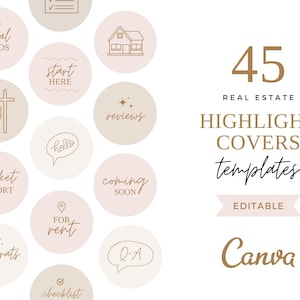 May include: 45 editable Instagram highlight covers for real estate agents. The covers feature a variety of designs, including houses, keys, and other real estate-related icons. The covers are designed in a minimalist style with a pink and beige color scheme.