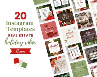May include: A set of 20 Instagram templates for real estate, themed around the holidays. The templates display text including "Holiday Home Checklist", "New Keys Under the Tree", and "Hello December". The colour scheme incorporates red, green, and white.