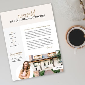 Dépliant Just Sold, Lettre pour agent immobilier, Expédition pour agent immobilier, Marketing immobilier, Modèle Just Sold, Flyer pour agent immobilier, Marketing immobilier, Canva