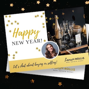 Modèle de carte postale immobilière du Nouvel An, carte postale du Nouvel An, carte postale d’agent immobilier, marketing immobilier, carte postale récemment vendue, bonne année
