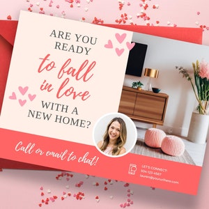 Valentinstags-Immobilien-Postkarten-Vorlagen, gerade verkaufte Postkarte, Valentinstags-Postkarte, Immobilien-Postkarte, Verlieben Sie sich in ein neues Zuhause