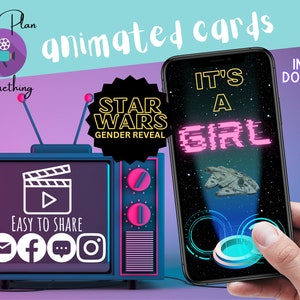 ¡Es una chica! Revelación de género animada de Star Wars, anuncio en video del bebé Jedi, revelación digital del nuevo bebé con tema espacial, ideas de planificación para futuras mamás