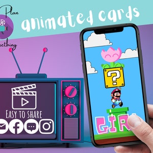 Het is een meisje Mario Gender Reveal-videoaankondiging, geanimeerde Super Mario Baby Reveal, schattige gamer genderverrassing, idee voor genderfeestplanning