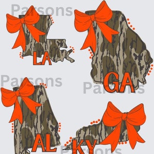 Camo states preppy with orange bow, all 50 included. Bottomland camo, Georgia Florida Alabama South Carolina texas Mississippi Kentucky cali