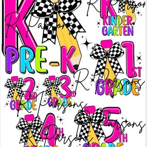 Back to school, grade level PNG bundle  pencil bow checkeres pre-k, kindergarten, first grade, second grade, third, fourth, fifth