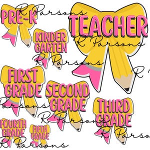 Back to school, grade level PNG bundle  pencil bow pre-k, kindergarten, first grade, second grade, third Grade, fourth, fifth teacher
