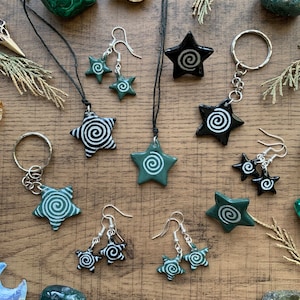 Spiral Star Clay Charm necklaces, earrings, keyrings, phone charms and pin badges ! grunge y2k goblincore swirl stars whimsigoth pagan