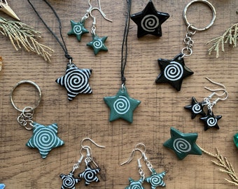 Spiral Star Clay Charm necklaces, earrings, keyrings, phone charms and pin badges ! grunge y2k goblincore swirl stars whimsigoth pagan