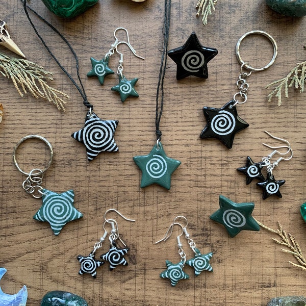 Spiral Star Clay Charm necklaces, earrings, keyrings, phone charms and pin badges ! grunge y2k goblincore swirl stars whimsigoth pagan