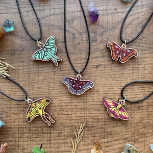 Moth Wood Charm Necklaces ! luna moth atlas comet cecropia glover rosy maple larch silkmoth | goblincore lepidoptera butterfly