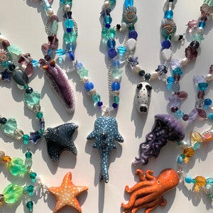 Sea Creature Beaded Necklaces! whale shark clay glass handmade sea slug sea bunny manta ray octopus star fish jellyfish ocean sealife