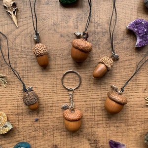 Real Acorn Necklaces, Keyrings, Earrings With Oak Leaf Charms | forest tree goblincore cottagecore natural wood fairy grunge keychain