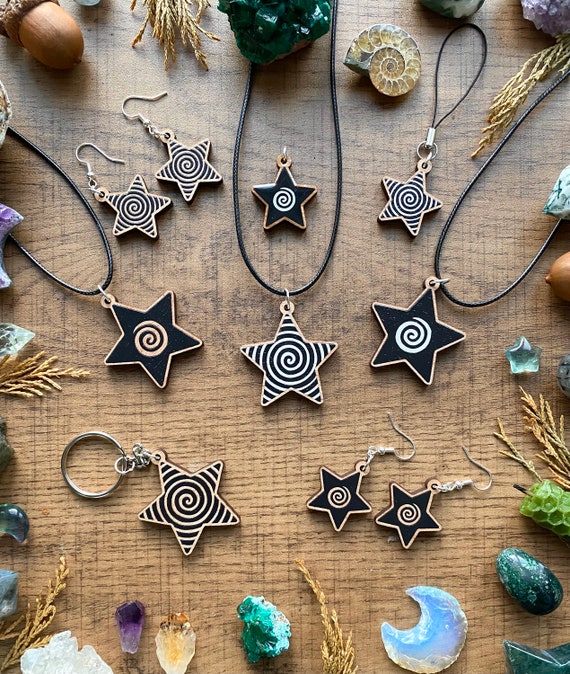 Spiral Star Wood Charm Necklaces Earrings Keyrings and Phone