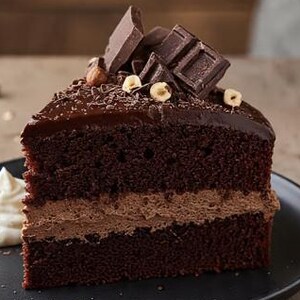 Op de afbeelding: Een stuk chocoladetaart op een zwart bord, gegarneerd met stukjes chocolade, schaafsel en hazelnoten. Een toef slagroom ligt naast de taart. De taart heeft een chocoladeglazuur en een chocoladecrèmevulling.