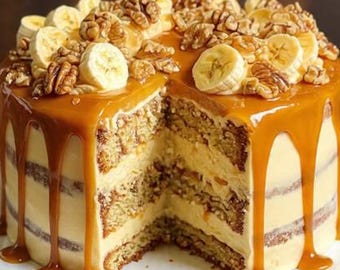 Banana Walnut Cake with Caramel Pecan Topping Recipe PDF | Easy Moist Dessert | Instant Download