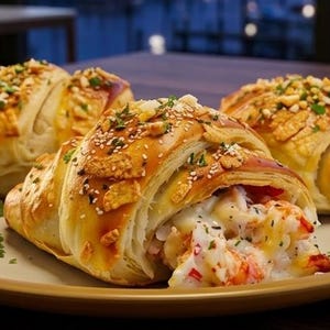 May include: Three golden croissants filled with a creamy seafood mixture, served on a beige plate. The croissants are topped with chopped nuts and sesame seeds, with sprigs of green herbs for garnish. The background shows a blurred view of a waterfront.
