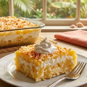 May include: A slice of pineapple cake with whipped cream on a white plate, with a fork. The cake has layers of yellow cake, white cream, and pineapple chunks, topped with toasted coconut flakes. A glass baking dish with a similar cake is in the background.