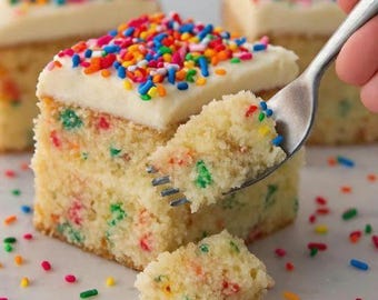 May include: A square slice of funfetti cake with white frosting and colorful sprinkles. A fork is lifting a piece of the cake, revealing the moist interior with colorful sprinkles. Other cake slices are in the background.