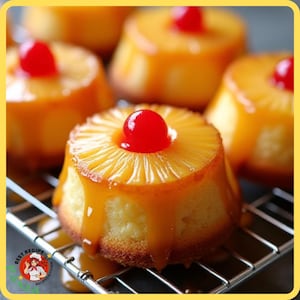 Può includere: Primo piano di singole torte rovesciate all'ananas. Ogni torta ha una fetta di ananas in cima con una ciliegia rossa al centro. Le torte sono glassate con salsa al caramello e poggiano su una griglia di raffreddamento in metallo.