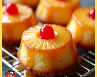 May include: Close-up of several mini pineapple upside-down cakes. Each cake is topped with a pineapple slice and a bright red maraschino cherry. The cakes sit on a metal cooling rack, with caramel sauce dripping down the sides.