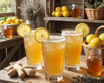 May include: Three tall glasses of iced tea with lemon slices, ice, and bubbles. A jar of honey, lemons, and ginger are on a wooden table. Baskets of lemons and herbs are in the background.