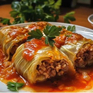 Puede incluir: Un plato de rollos de col rellenos, un plato tradicional. Los rollos están envueltos en hojas de col verde pálido y rellenos con una mezcla de carne y arroz. Están cubiertos con una salsa de tomate roja vibrante y adornados con perejil fresco.