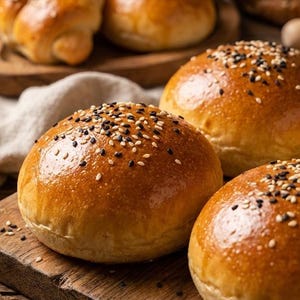 Puede incluir: Primer plano de bollos de hamburguesa dorados con semillas de sésamo. Los bollos están colocados sobre una tabla de cortar de madera, con un paño suave en el fondo. Los bollos tienen un acabado brillante, lo que sugiere que están recién horneados.