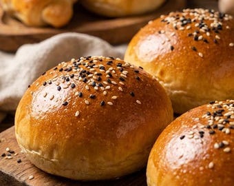 May include: Close-up of golden-brown hamburger buns with sesame seeds. The buns are arranged on a wooden cutting board, with a soft cloth in the background. The buns have a glossy finish, suggesting they are freshly baked.