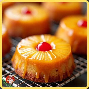 K&ouml;nnte beinhalten: Nahaufnahme von Mini-Ananas-Upside-Down-Kuchen. Jeder Kuchen ist mit einer Ananasscheibe und einer roten Kirsche belegt. Die Kuchen haben eine goldbraune Farbe mit einer gl&auml;nzenden Karamellglasur, die an den Seiten herunterl&auml;uft.